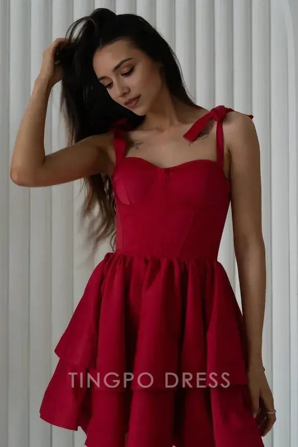 TingPo Wholesale Elegant A-Line Sweetheart Neck Straps Sleeveless Tiered Lace Up Mini Party Dress Homecoming Dress Evening Gown formal wear dresses